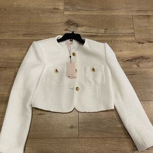 Cinq à Sept White Auden Jacket. Textured Blazer with Gold Buttons